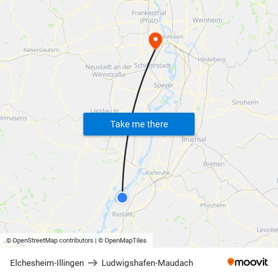 Elchesheim-Illingen to Ludwigshafen-Maudach map