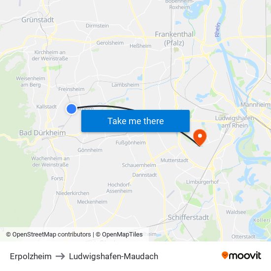 Erpolzheim to Ludwigshafen-Maudach map