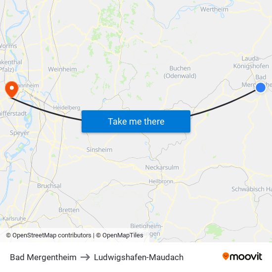 Bad Mergentheim to Ludwigshafen-Maudach map