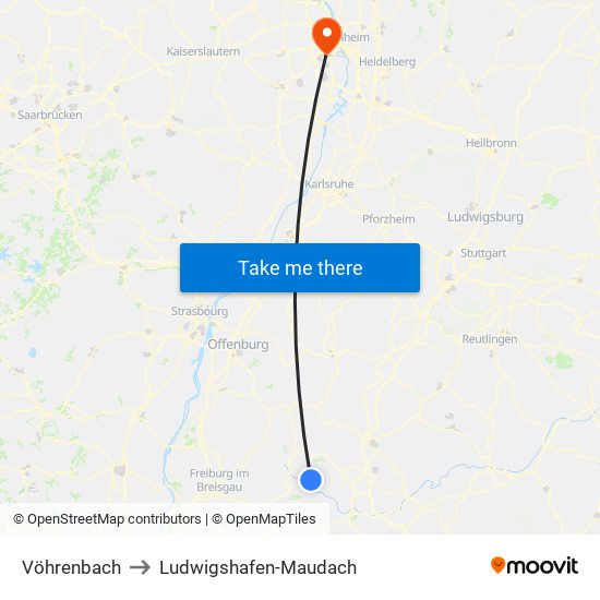 Vöhrenbach to Ludwigshafen-Maudach map