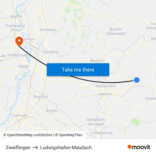 Zweiflingen to Ludwigshafen-Maudach map