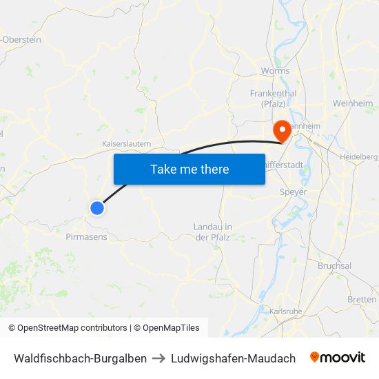Waldfischbach-Burgalben to Ludwigshafen-Maudach map