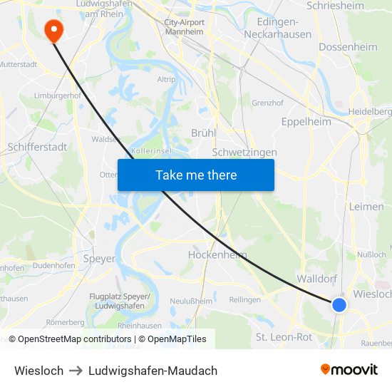Wiesloch to Ludwigshafen-Maudach map