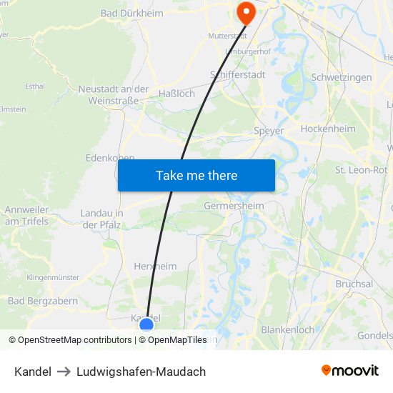 Kandel to Ludwigshafen-Maudach map