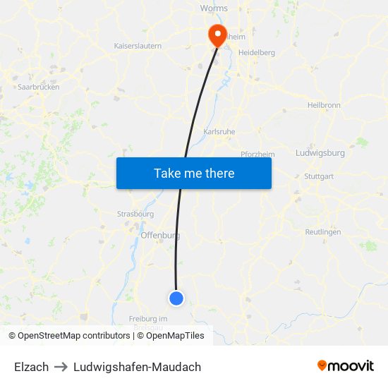 Elzach to Ludwigshafen-Maudach map