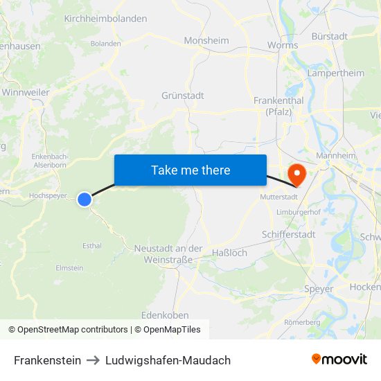 Frankenstein to Ludwigshafen-Maudach map