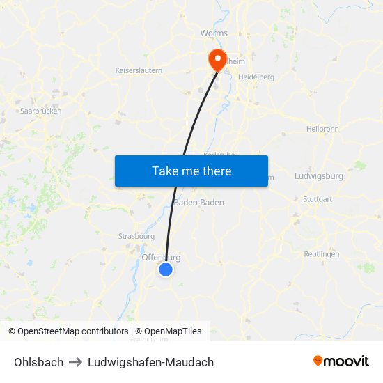 Ohlsbach to Ludwigshafen-Maudach map