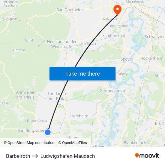 Barbelroth to Ludwigshafen-Maudach map