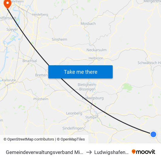 Gemeindeverwaltungsverband Mittleres Fils-Lautertal to Ludwigshafen-Maudach map