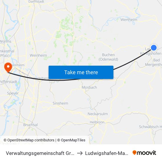 Verwaltungsgemeinschaft Grünsfeld to Ludwigshafen-Maudach map