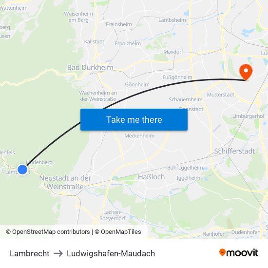 Lambrecht to Ludwigshafen-Maudach map