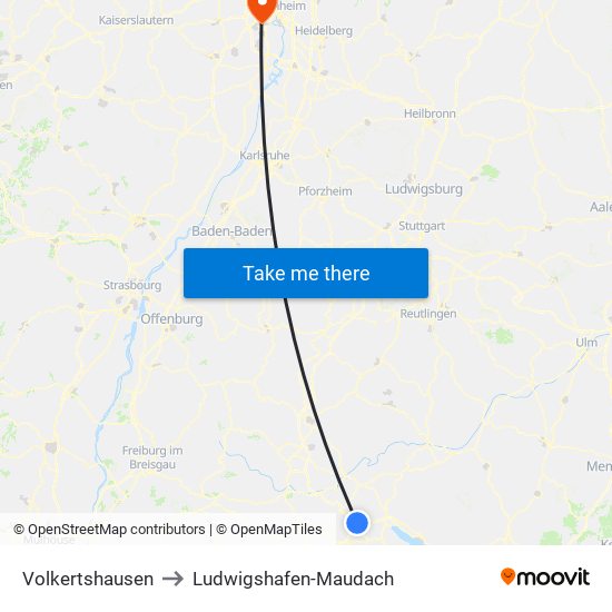 Volkertshausen to Ludwigshafen-Maudach map