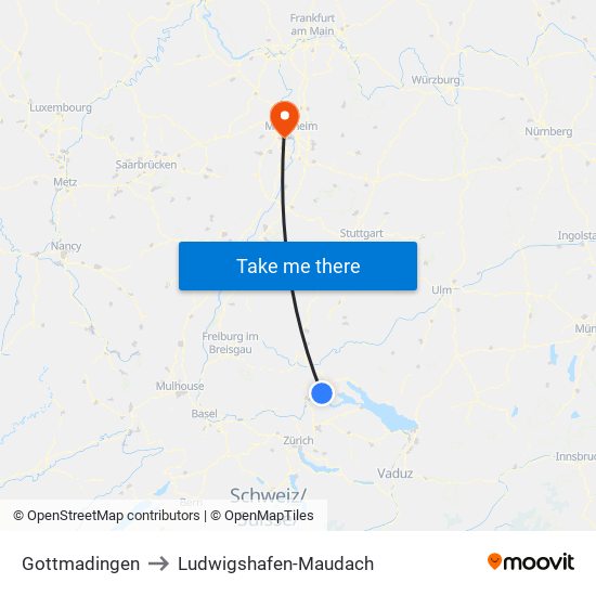 Gottmadingen to Ludwigshafen-Maudach map