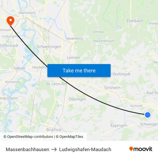 Massenbachhausen to Ludwigshafen-Maudach map
