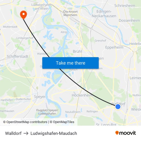 Walldorf to Ludwigshafen-Maudach map