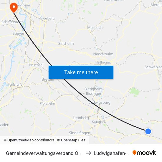 Gemeindeverwaltungsverband Östlicher Schurwald to Ludwigshafen-Maudach map