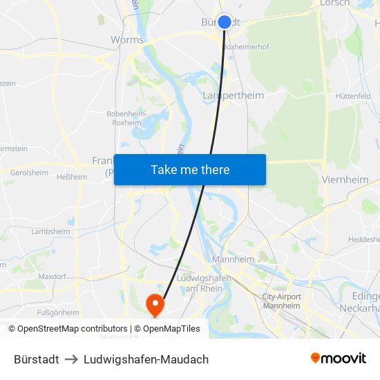 Bürstadt to Ludwigshafen-Maudach map