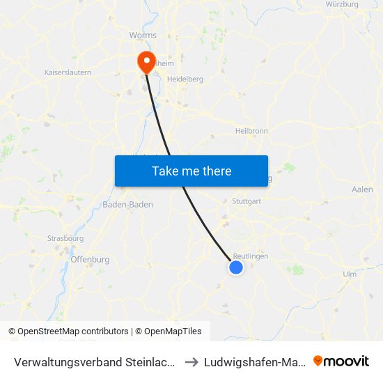 Verwaltungsverband Steinlach-Wiesaz to Ludwigshafen-Maudach map