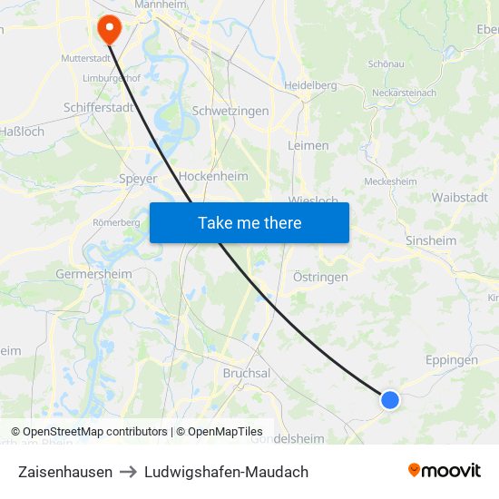 Zaisenhausen to Ludwigshafen-Maudach map