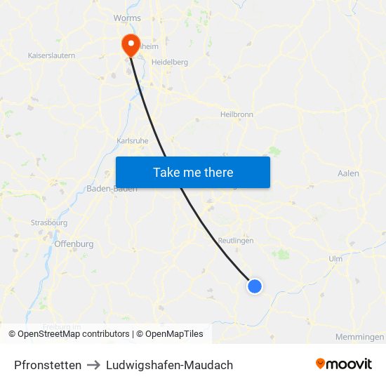 Pfronstetten to Ludwigshafen-Maudach map