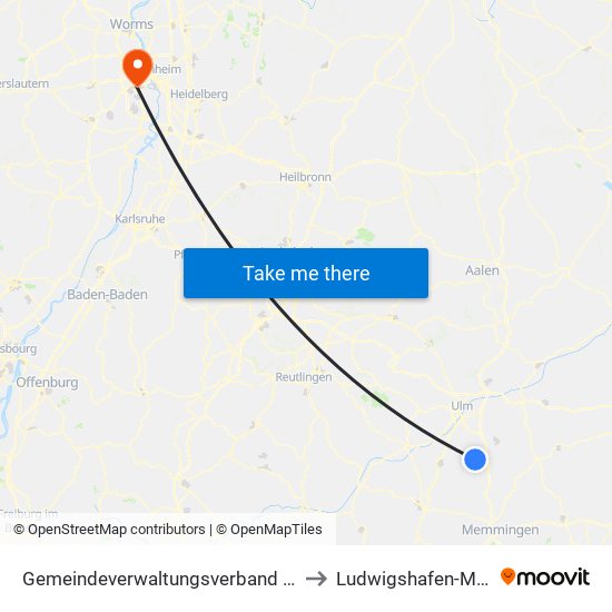 Gemeindeverwaltungsverband Dietenheim to Ludwigshafen-Maudach map