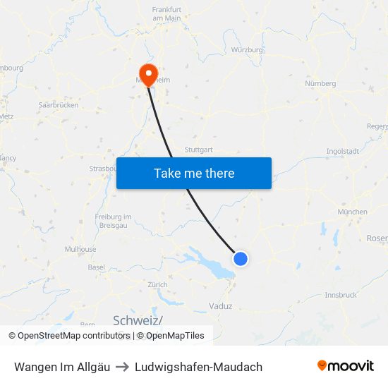 Wangen Im Allgäu to Ludwigshafen-Maudach map