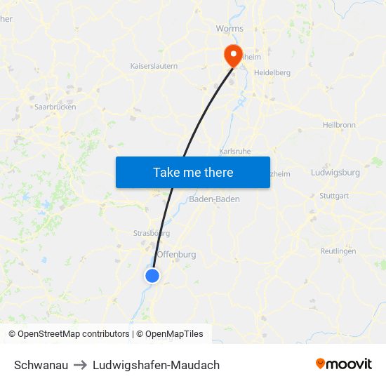 Schwanau to Ludwigshafen-Maudach map