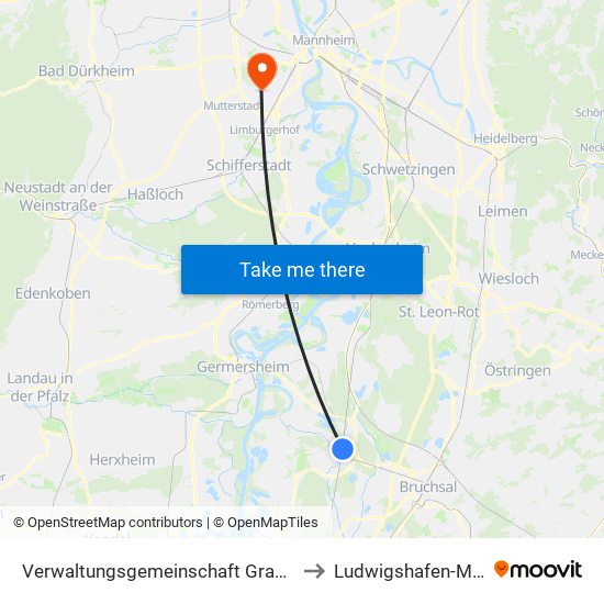 Verwaltungsgemeinschaft Graben-Neudorf to Ludwigshafen-Maudach map