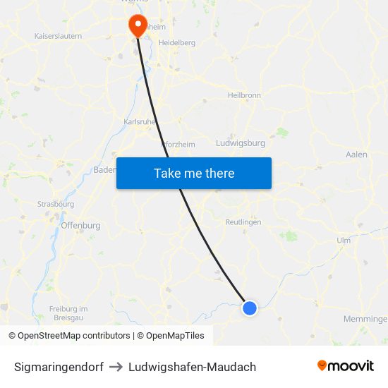 Sigmaringendorf to Ludwigshafen-Maudach map