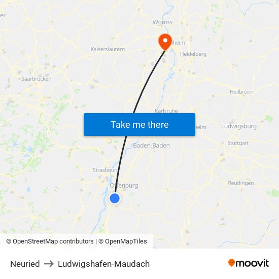 Neuried to Ludwigshafen-Maudach map