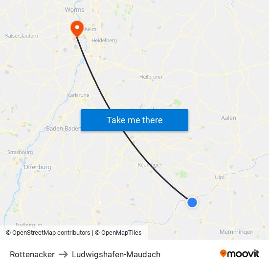 Rottenacker to Ludwigshafen-Maudach map