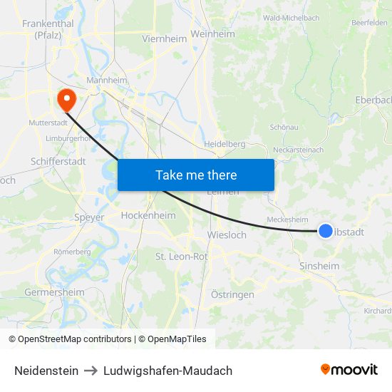 Neidenstein to Ludwigshafen-Maudach map