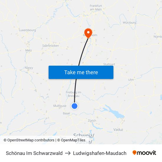 Schönau Im Schwarzwald to Ludwigshafen-Maudach map