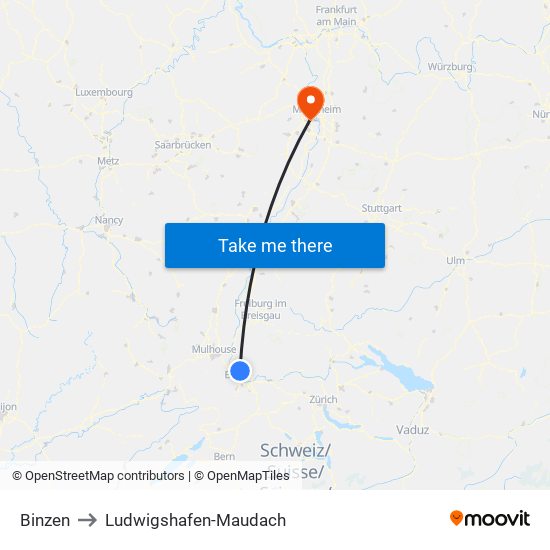 Binzen to Ludwigshafen-Maudach map