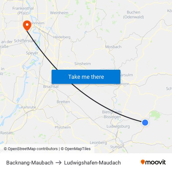 Backnang-Maubach to Ludwigshafen-Maudach map
