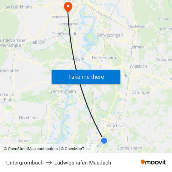 Untergrombach to Ludwigshafen-Maudach map