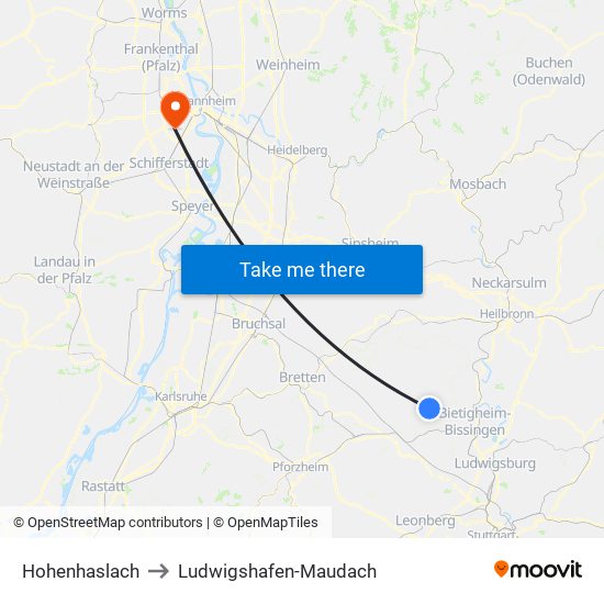 Hohenhaslach to Ludwigshafen-Maudach map