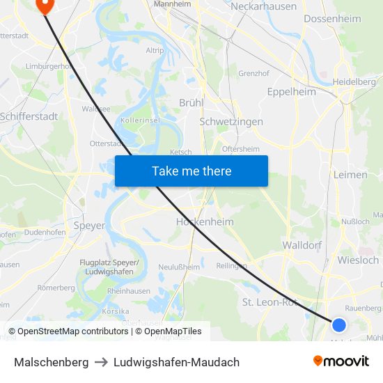 Malschenberg to Ludwigshafen-Maudach map