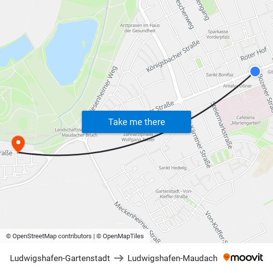 Ludwigshafen-Gartenstadt to Ludwigshafen-Maudach map