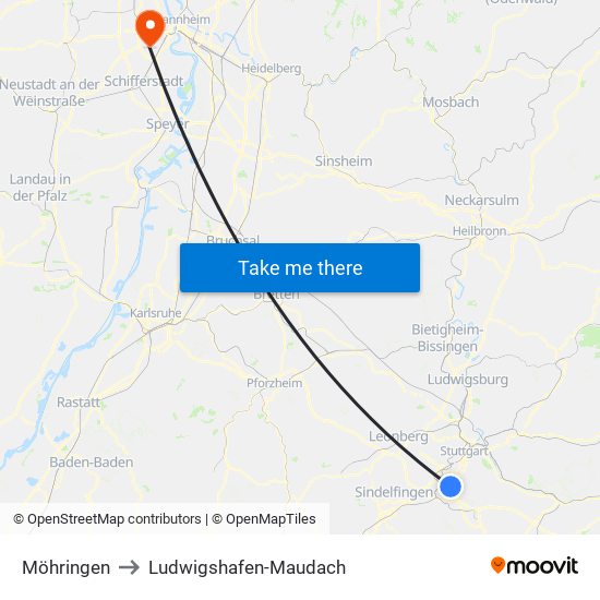 Möhringen to Ludwigshafen-Maudach map