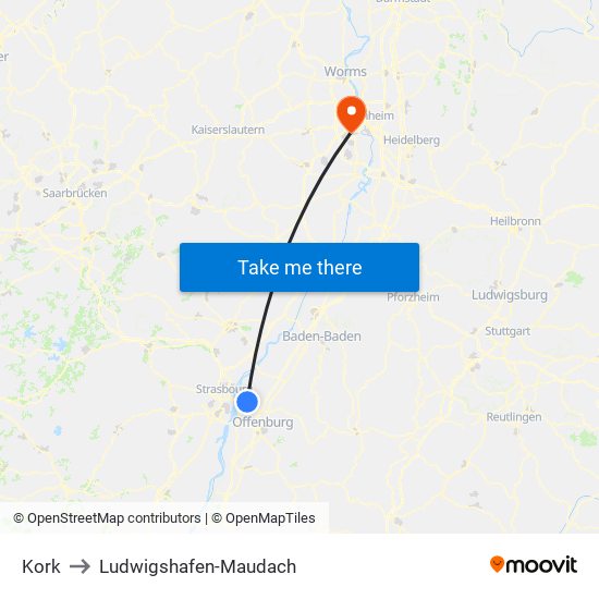 Kork to Ludwigshafen-Maudach map