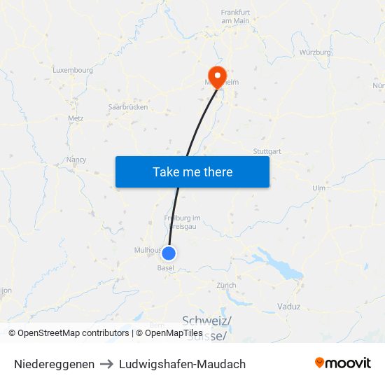 Niedereggenen to Ludwigshafen-Maudach map