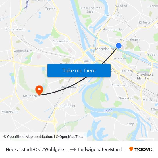 Neckarstadt-Ost/Wohlgelegen to Ludwigshafen-Maudach map