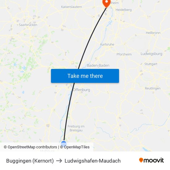 Buggingen (Kernort) to Ludwigshafen-Maudach map