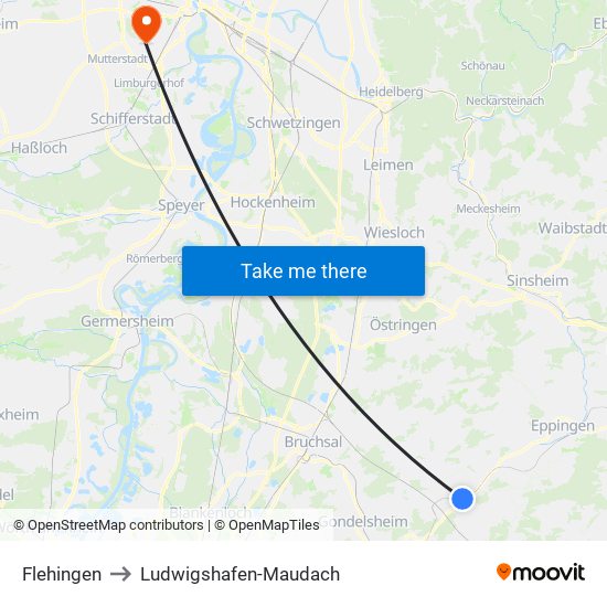 Flehingen to Ludwigshafen-Maudach map