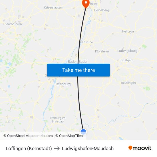 Löffingen (Kernstadt) to Ludwigshafen-Maudach map