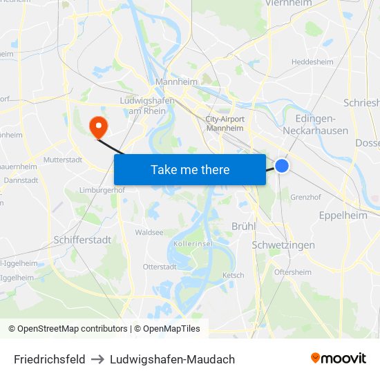 Friedrichsfeld to Ludwigshafen-Maudach map