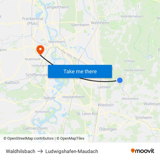 Waldhilsbach to Ludwigshafen-Maudach map