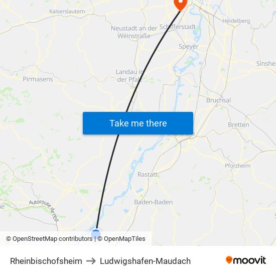 Rheinbischofsheim to Ludwigshafen-Maudach map