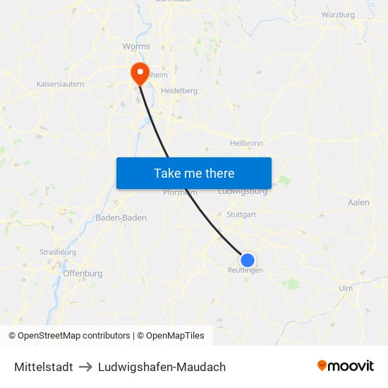 Mittelstadt to Ludwigshafen-Maudach map